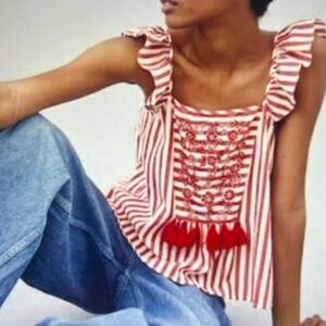 ZARA TRF EMBROIDERED TASSEL PEASANT RUFFLE Top Blouse Red Striped PomPom M48